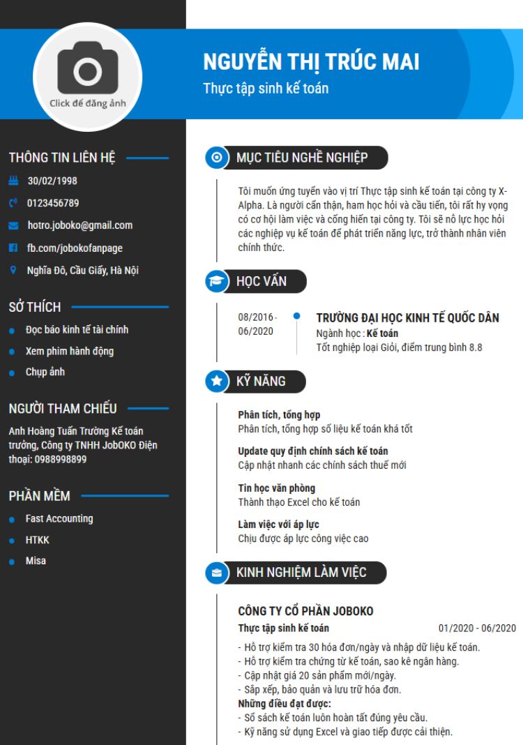 Mẫu CV thực tập sinh kế toán