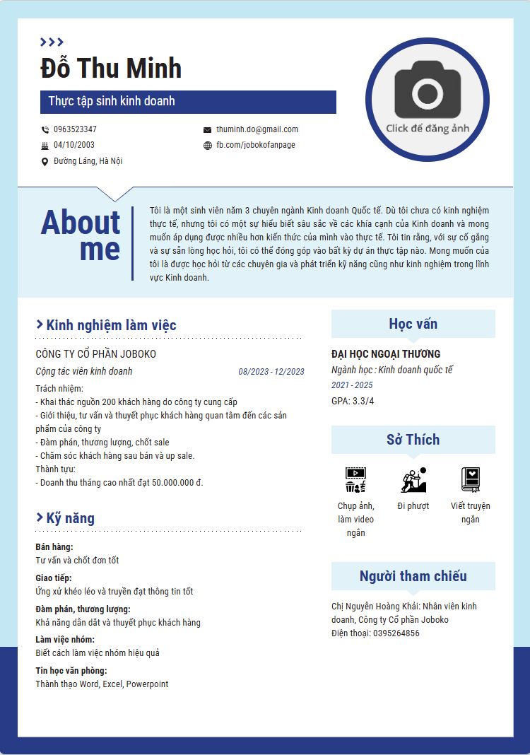 Mẫu Cv thực tập sinh kinh doanh