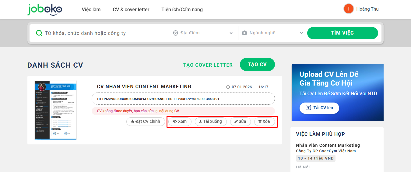 Xem, sửa, xóa, tải CV