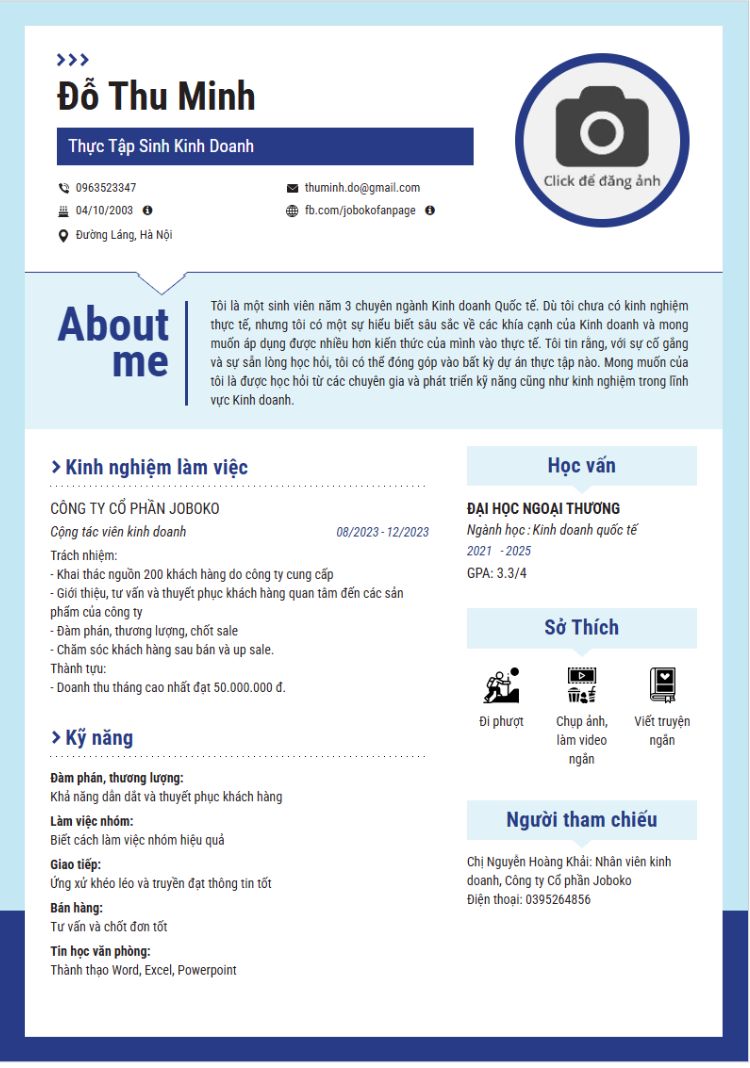 Mẫu CV Thực Tập Sinh Kinh Doanh