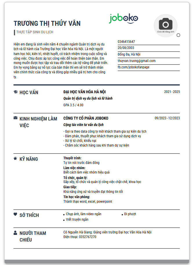 cv thuc tap du lich