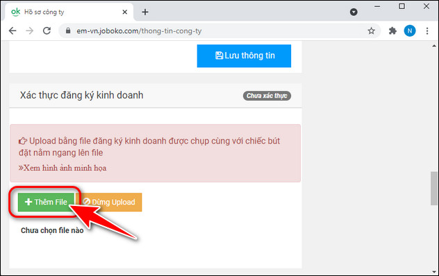 Upload dang ky kinh doanh de xac thuc tai khoan tren JOBOKO