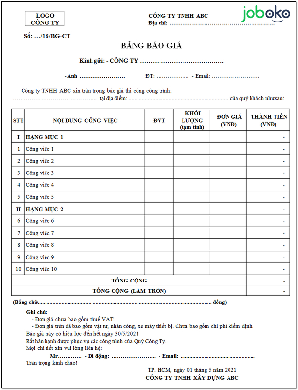 Mẫu bảng báo giá file word, excel chuyên nghiệp, mới nhất - Joboko